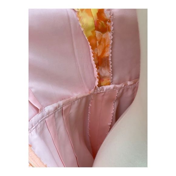 1950s Chiffon Formal Gown Dress Maxi Floral Tangerine Pink Yellow Sleeveless - Picture 13 of 16